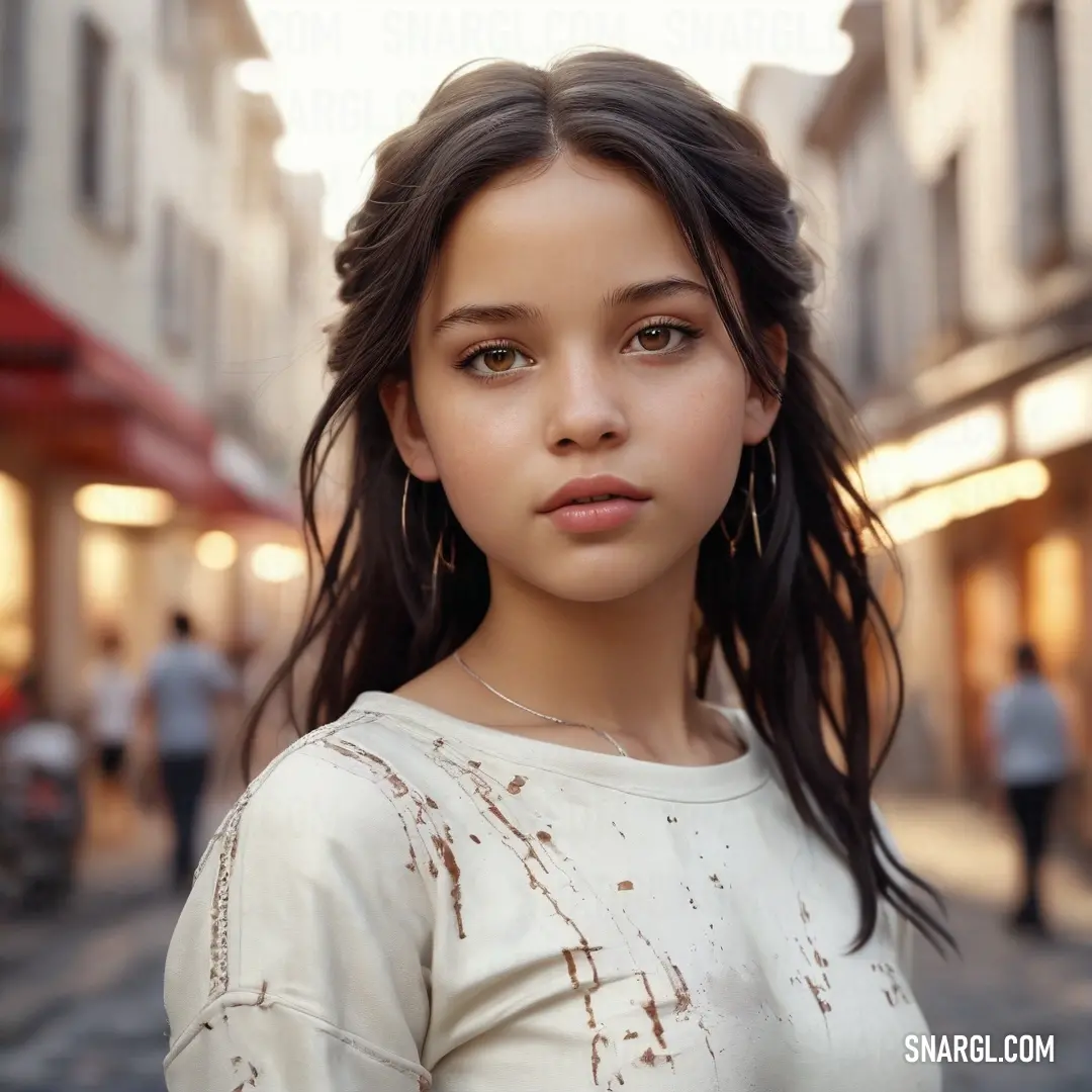 A young woman with flowing hair stands confidently in a charming urban setting, with buildings forming a picturesque backdrop. Her vibrant spirit shines against the warm city hues, celebrating the essence of city life.