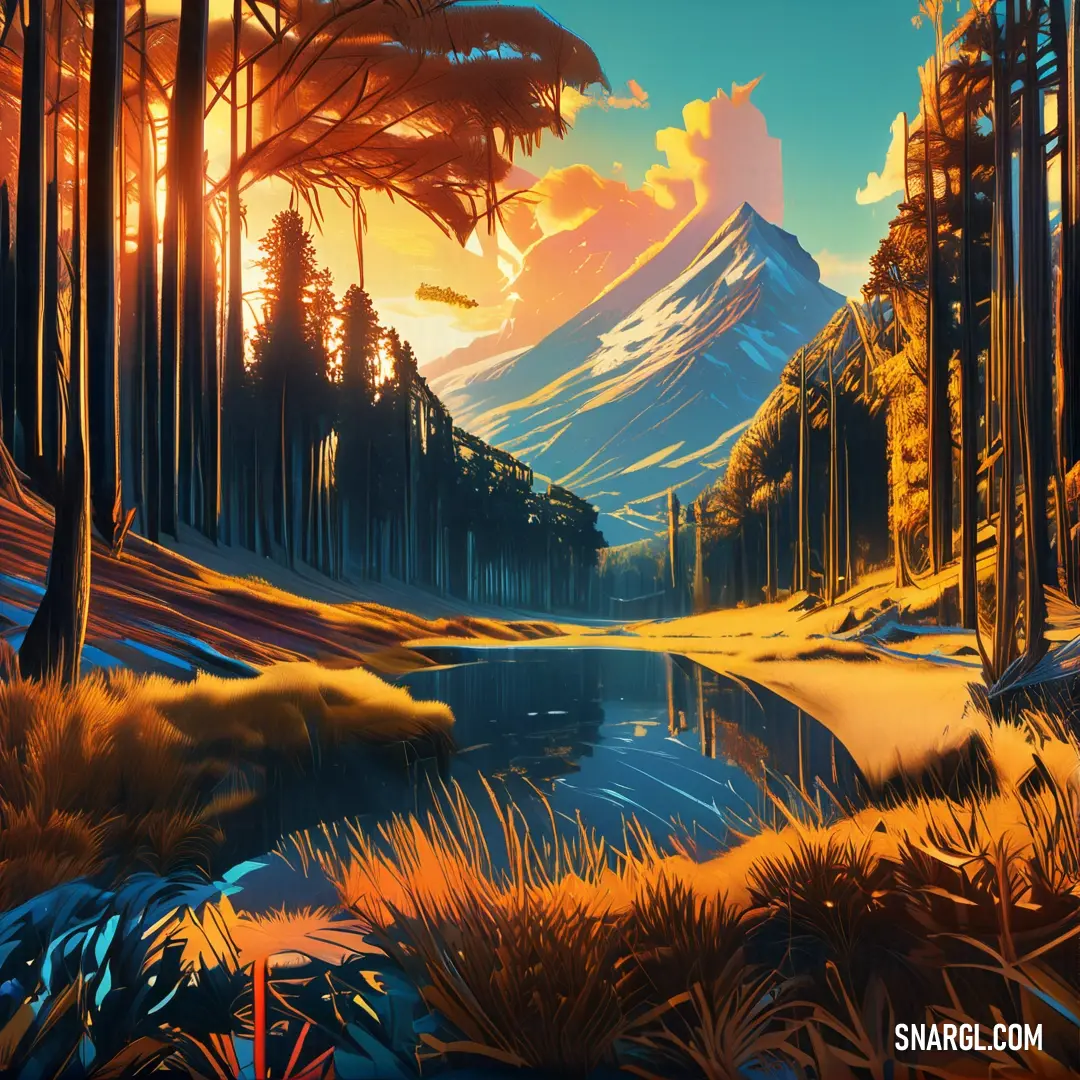 Painting of a mountain lake surrounded by trees and grass with a sunset in the background. Example of NCS S 2040-Y20R color.