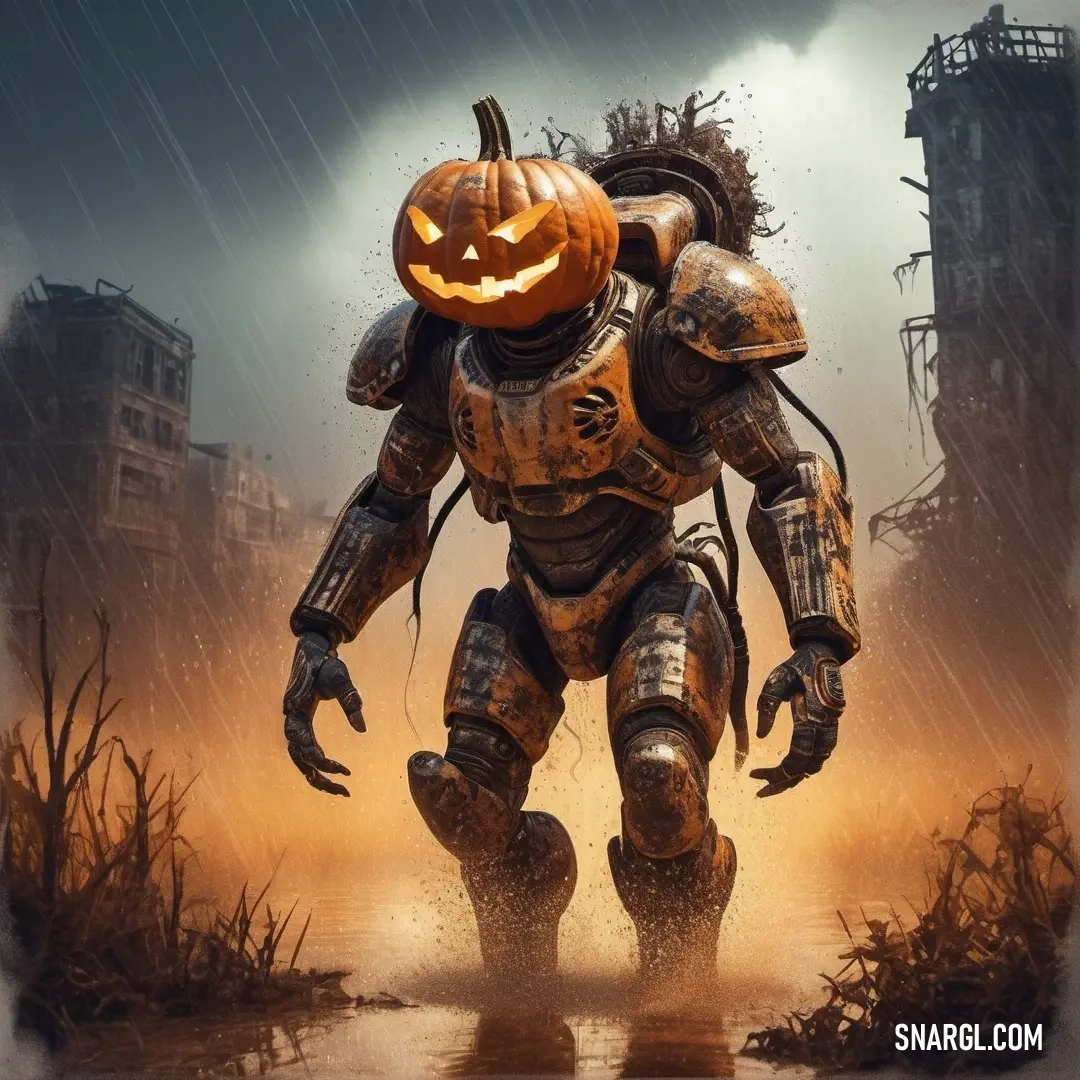 NCS S 2040-Y20R color example: Robot with a pumpkin on his head walking through a puddle of water in a city