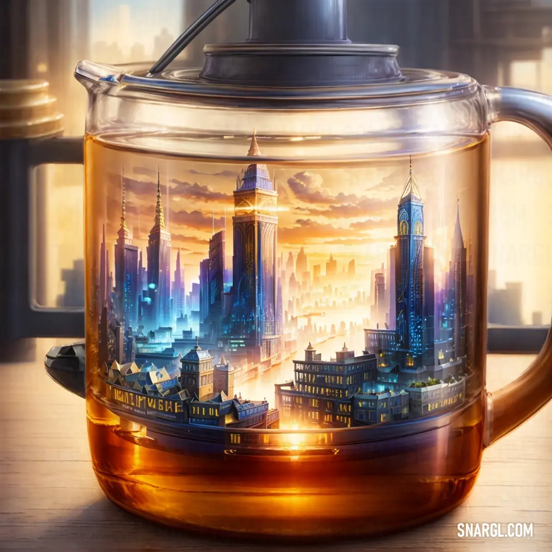 A delicate tea pot with a beautiful cityscape painted on its surface, resting on a table next to a window. The soft, warm color of RGB 235,171,87 adds a serene ambiance to the setting, making it feel cozy and inviting.