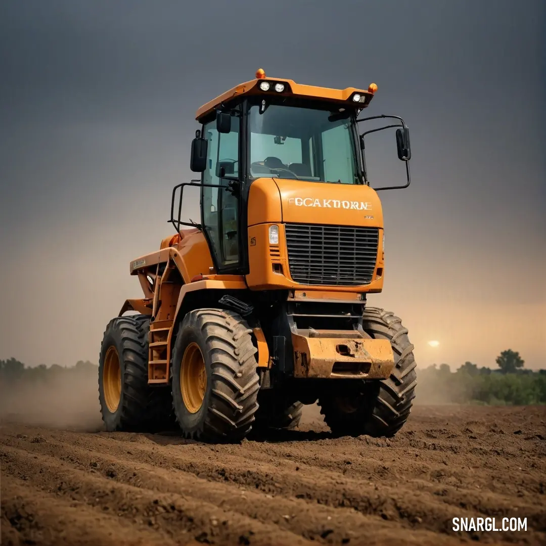 A powerful tractor navigates through a sprawling field, its sturdy wheels churning the earth under a moody, dark sky that hints at an impending storm. The scene captures the essence of hard work and determination amidst nature's unpredictability.