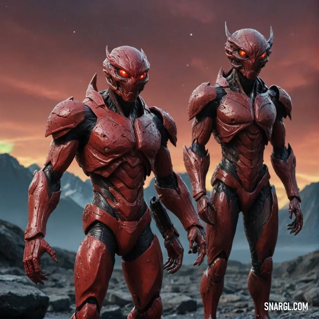 Two robot-like beings stand stoically amidst a rocky terrain, silhouetted dramatically against a glowing sunset that paints the landscape in shades of red and gold, fostering a sense of camaraderie.