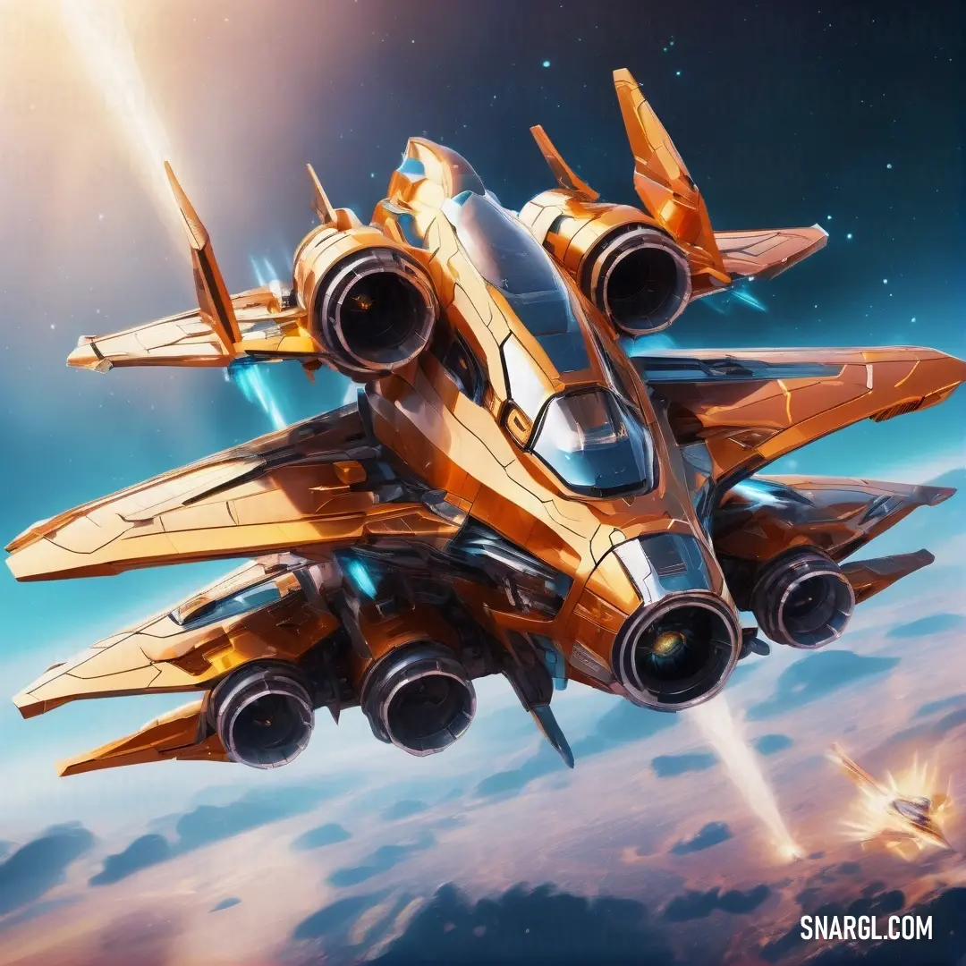 NCS S 2040-Y30R color. Futuristic fighter jet flying through the sky with a rocket in the background