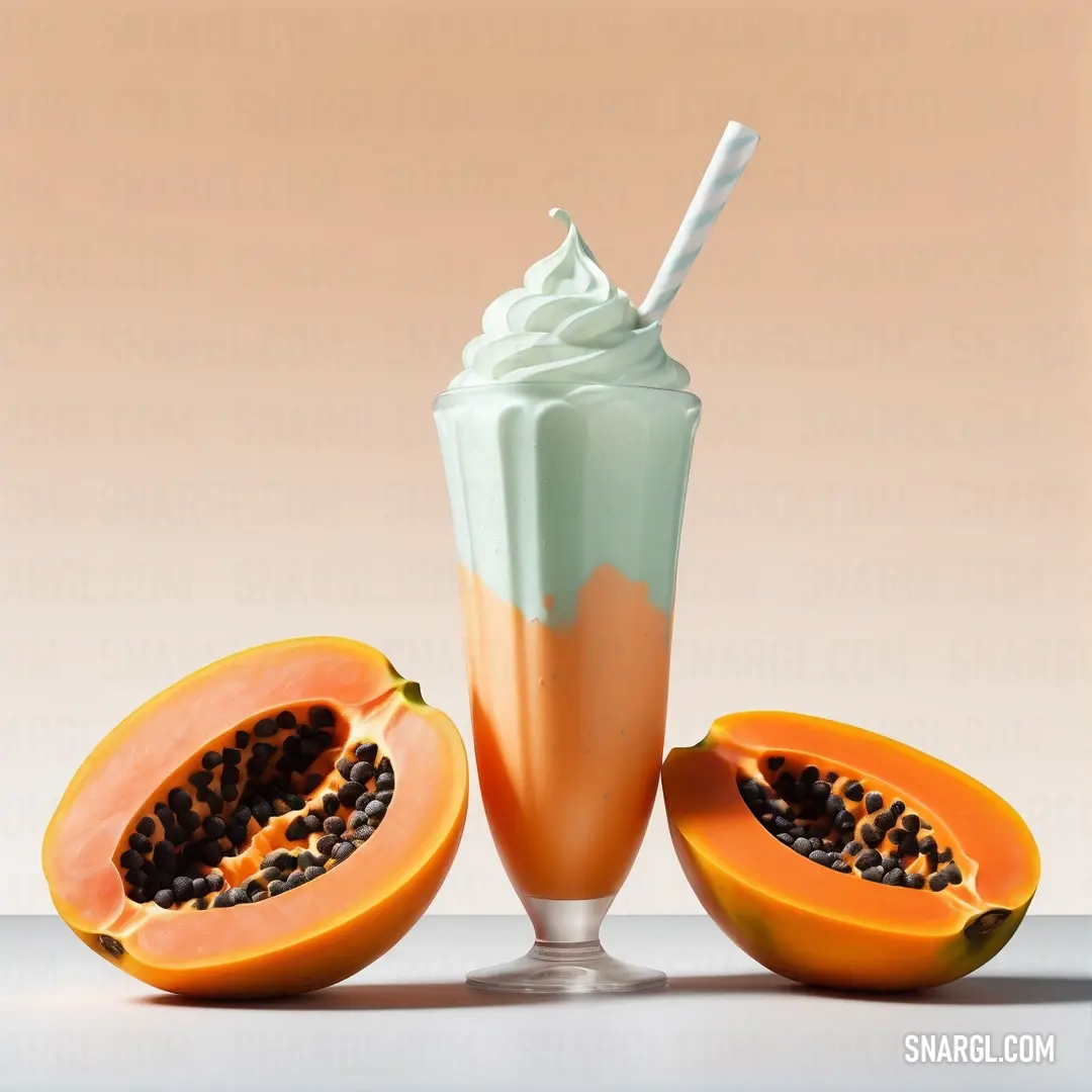 Glass of milkshake with a straw and a half of a papaya. Example of #E99E53 color.