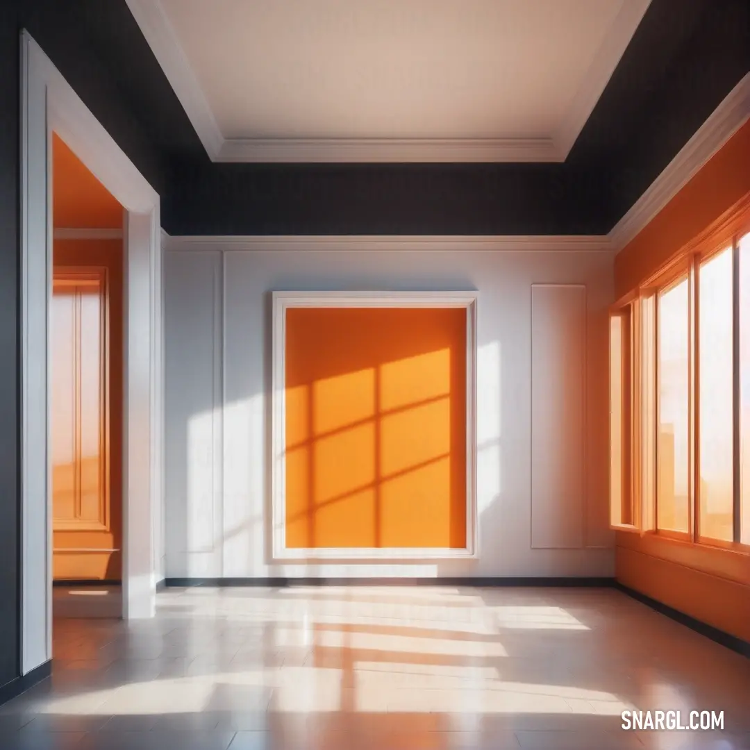 Room with a door and a window with a bright orange door and a black ceiling with a white trim. Example of NCS S 2040-Y40R color.