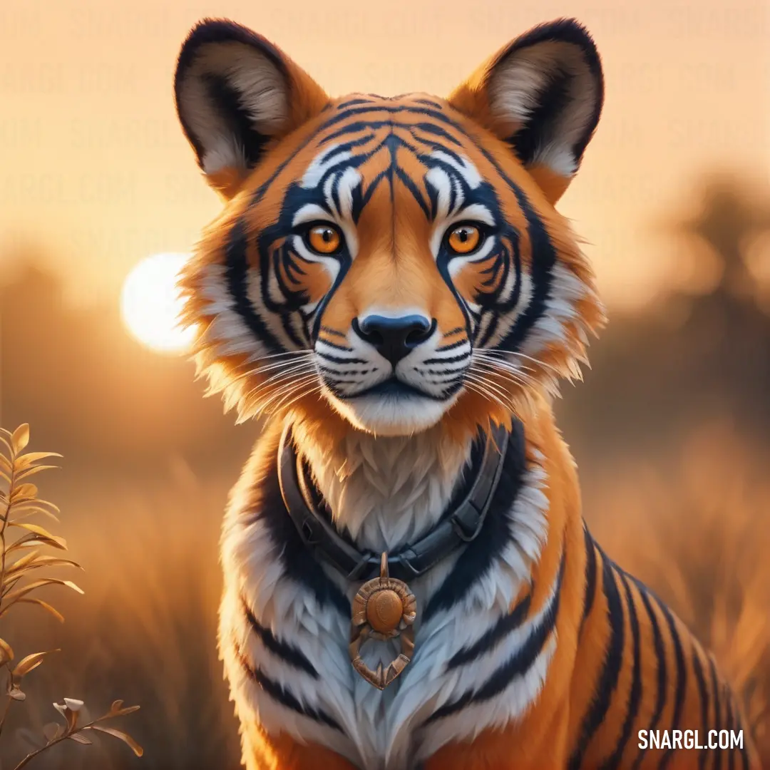 Tiger is in a field of tall grass with the sun in the background. Color CMYK 0,50,70,5.