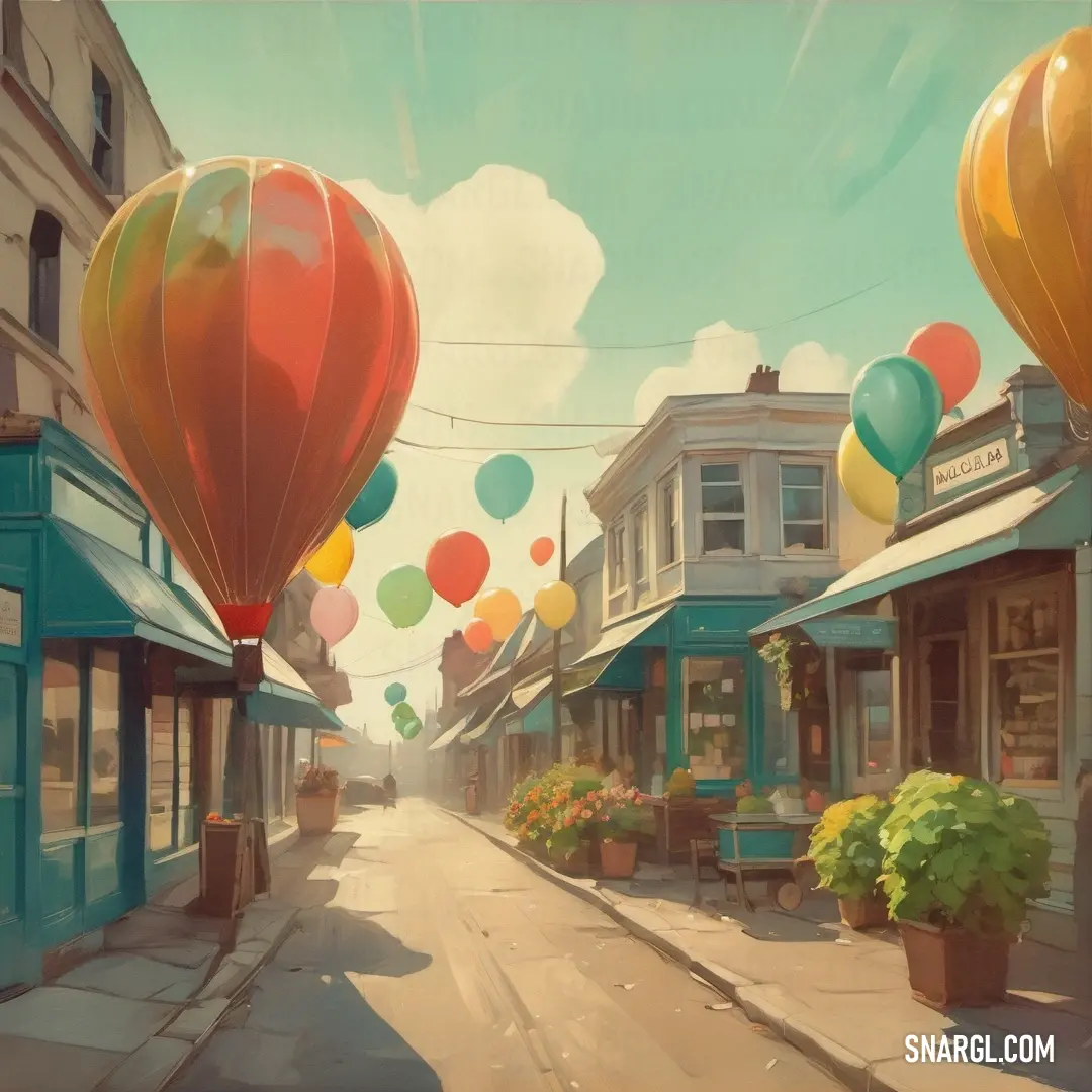 Painting of a street with balloons flying in the air above it and a store front with a bunch of flowers. Color CMYK 0,55,70,5.