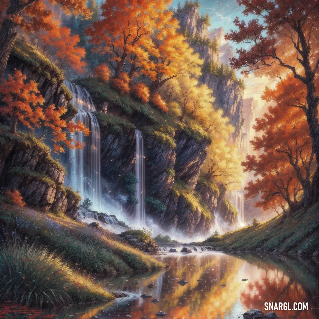 Painting of a waterfall in a forest with fall foliage and a stream of water running through it. Color RGB 228,130,73.