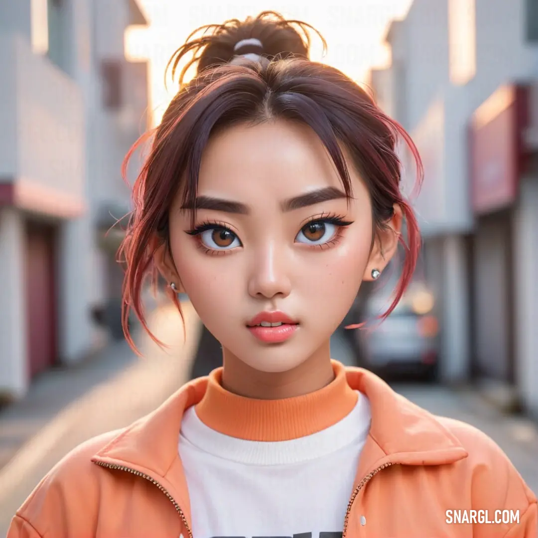 Young asian woman with a bun bun hairstyle and blue eyes is standing in front of a building. Example of RGB 228,124,86 color.