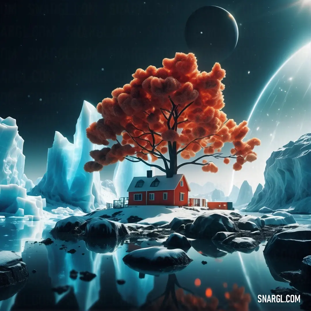 NCS S 2040-Y70R color. House in the middle of a frozen lake with a tree in the foreground and a moon in the background