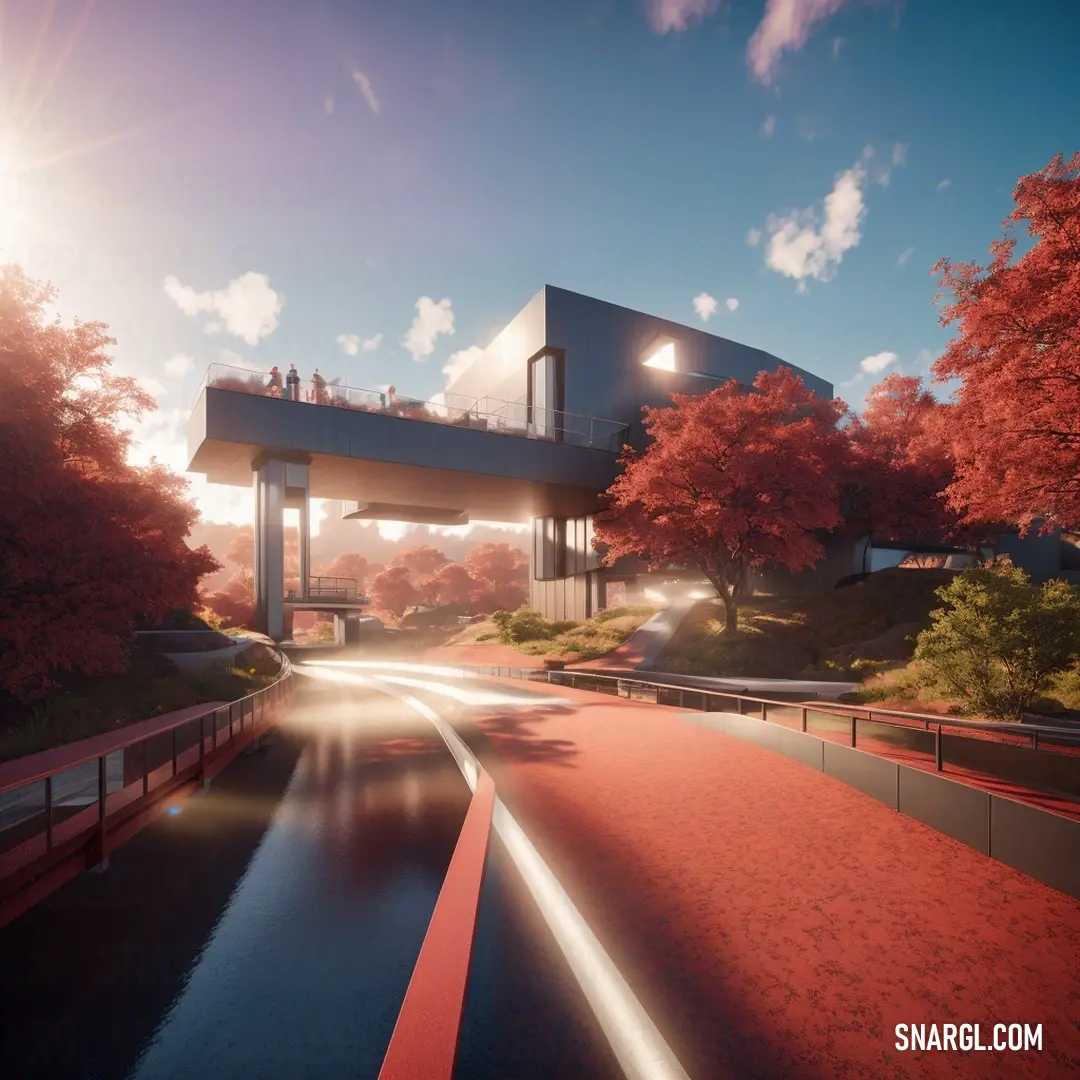 NCS S 2040-Y80R color. Computer generated image of a street with a bridge and trees in the background