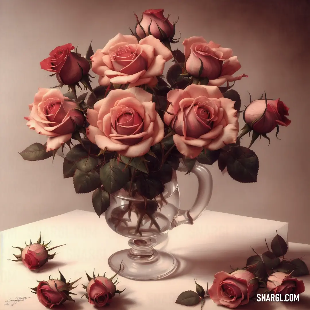 Vase filled with pink roses on top of a table next to a bunch of smaller pink roses on the table. Example of CMYK 0,60,50,5 color.