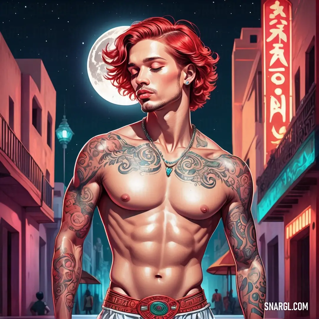 Man with a red hair and tattoos standing in front of a building with a full moon in the background. Example of RGB 209,115,106 color.