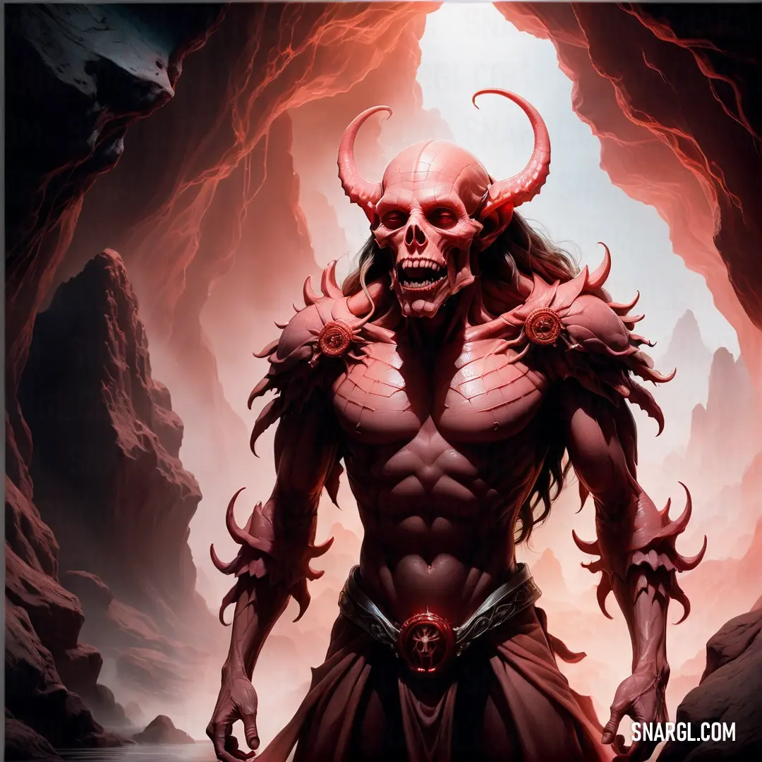 Demonic demon with horns and horns on his head standing in a cave with a demon like body. Color #D1736A.