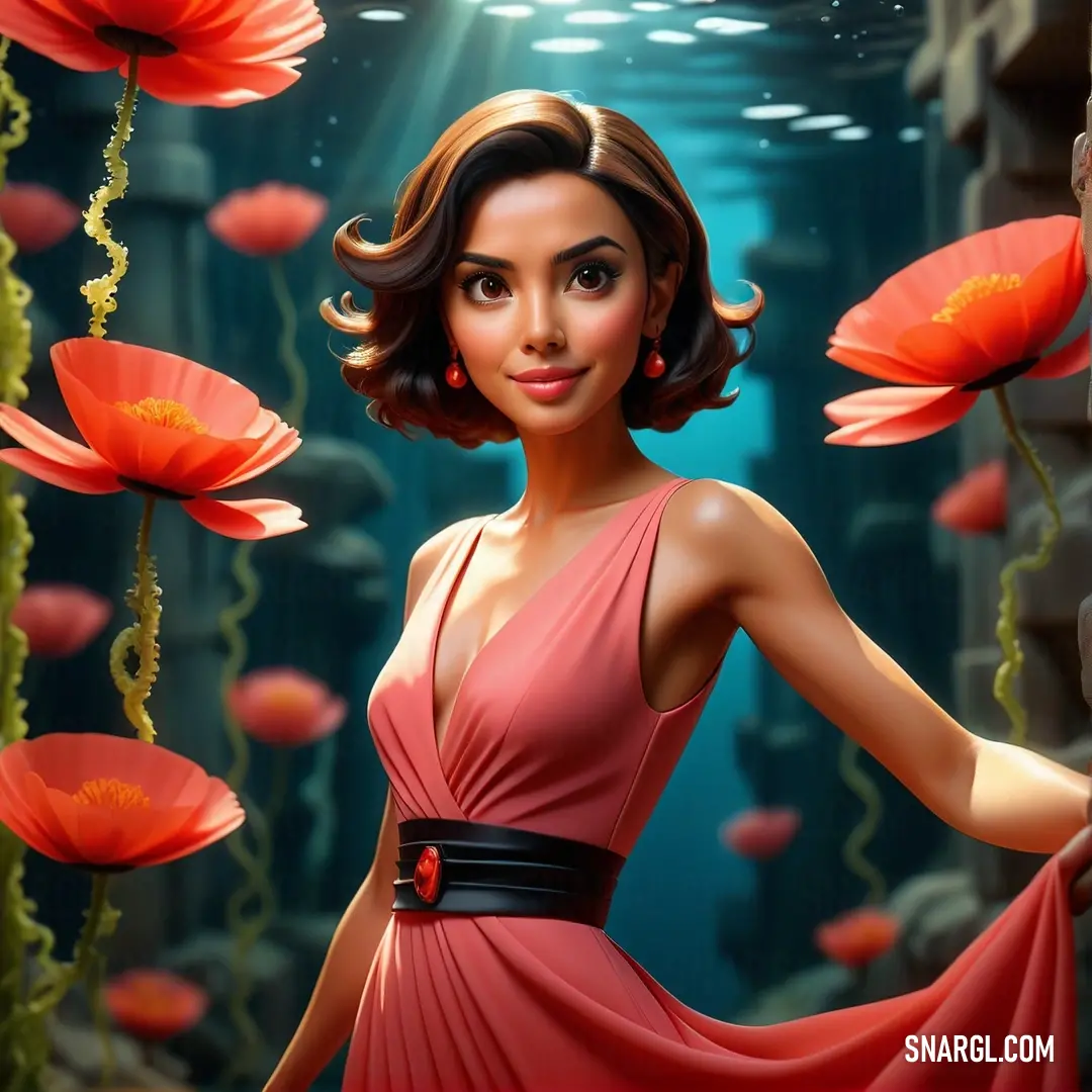 Woman in a red dress standing in front of a painting of flowers and a sea of water with a light shining on her