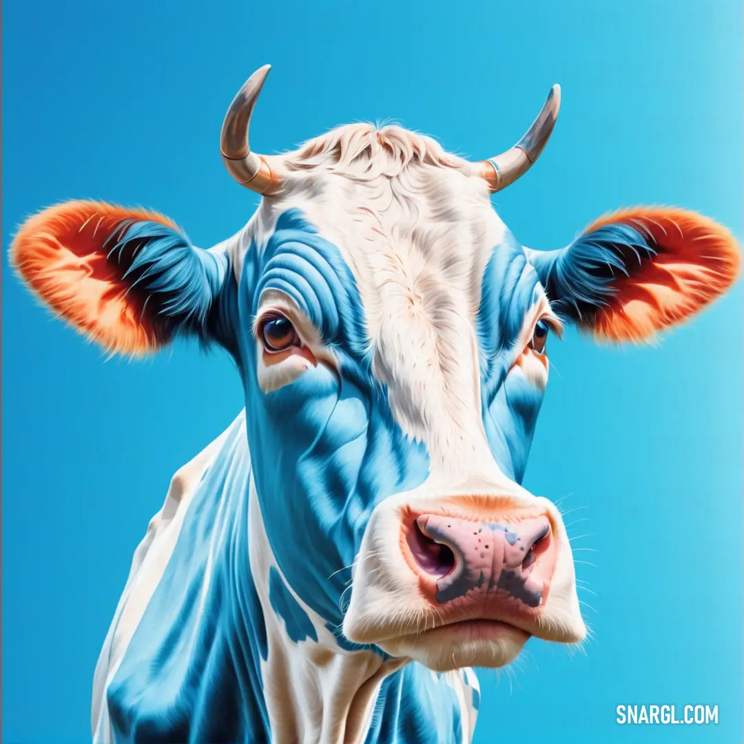 Cow with a blue and orange face and horns is looking at the camera with a blue sky background. Example of #008BAE color.