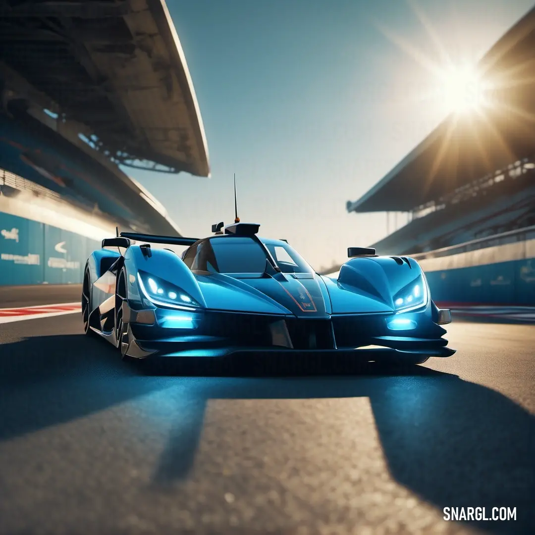 Blue sports car driving down a race track in the sun light, with a blue background. Example of CMYK 80,4,0,25 color.