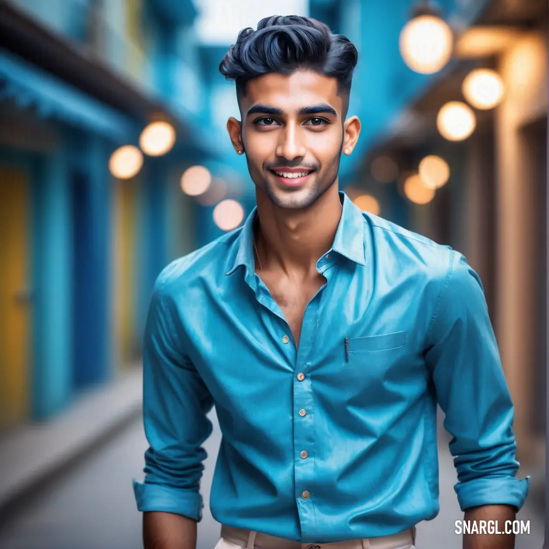 Man with a blue shirt and a black haircut standing in a hallway with lights on the walls. Color RGB 0,139,174.