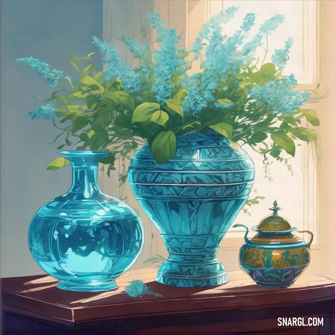 Painting of a vase and a teapot on a table with flowers in it and a window behind it. Example of RGB 0,152,172 color.