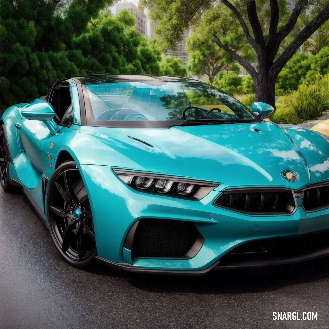NCS S 2050-B20G color example: Blue sports car driving down a street next to trees and bushes in the background