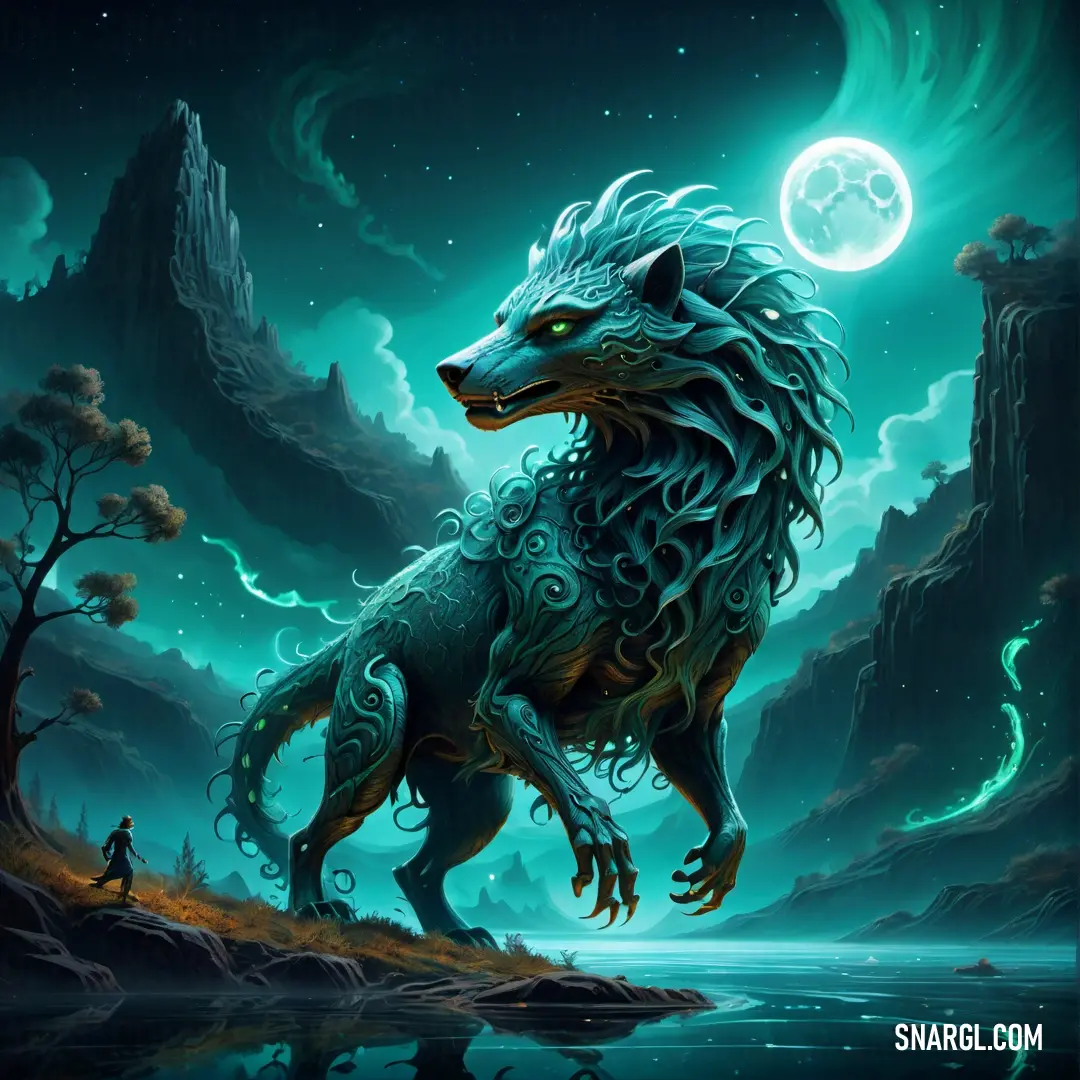 Painting of a wolf standing in the moonlight. Example of NCS S 2050-B20G color.