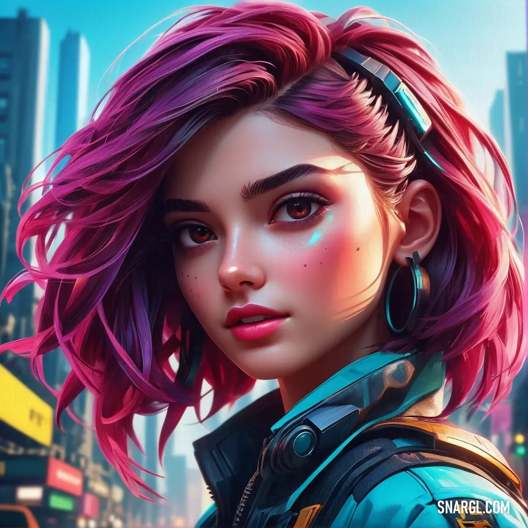 Woman with pink hair and ear rings in a city setting with neon lights on her face. Example of NCS S 2050-B20G color.