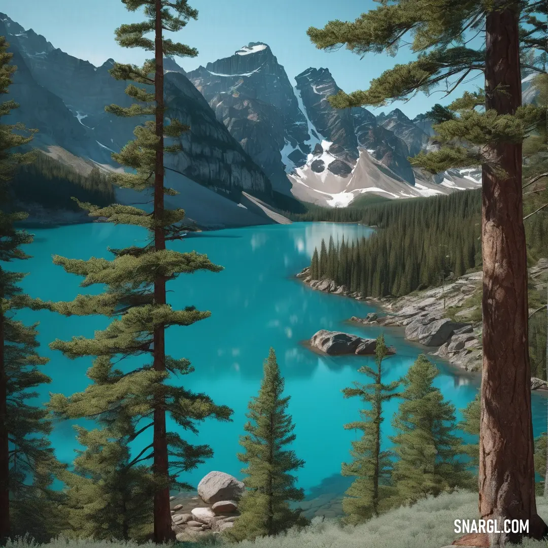 Painting of a lake surrounded by trees and mountains in the background. Color NCS S 2050-B20G.