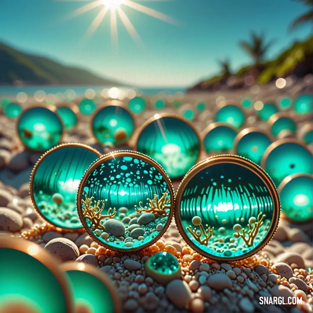 Bunch of green glass balls on a beach with a sun in the background. Example of NCS S 2050-B40G color.