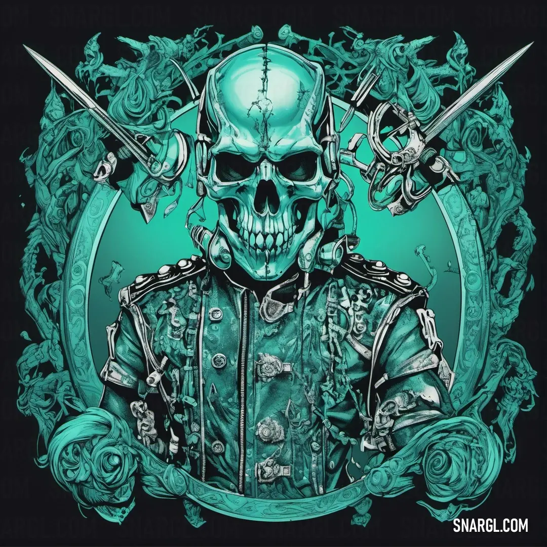 NCS S 2050-B40G color. Skull wearing a jacket with two swords in his hands and a skull