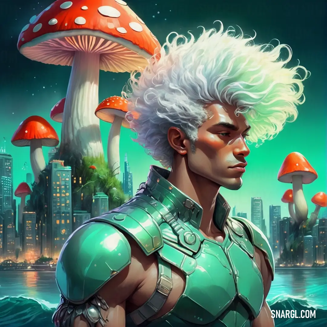 Man with white hair and a green outfit standing in front of mushrooms. Example of CMYK 82,0,50,0 color.