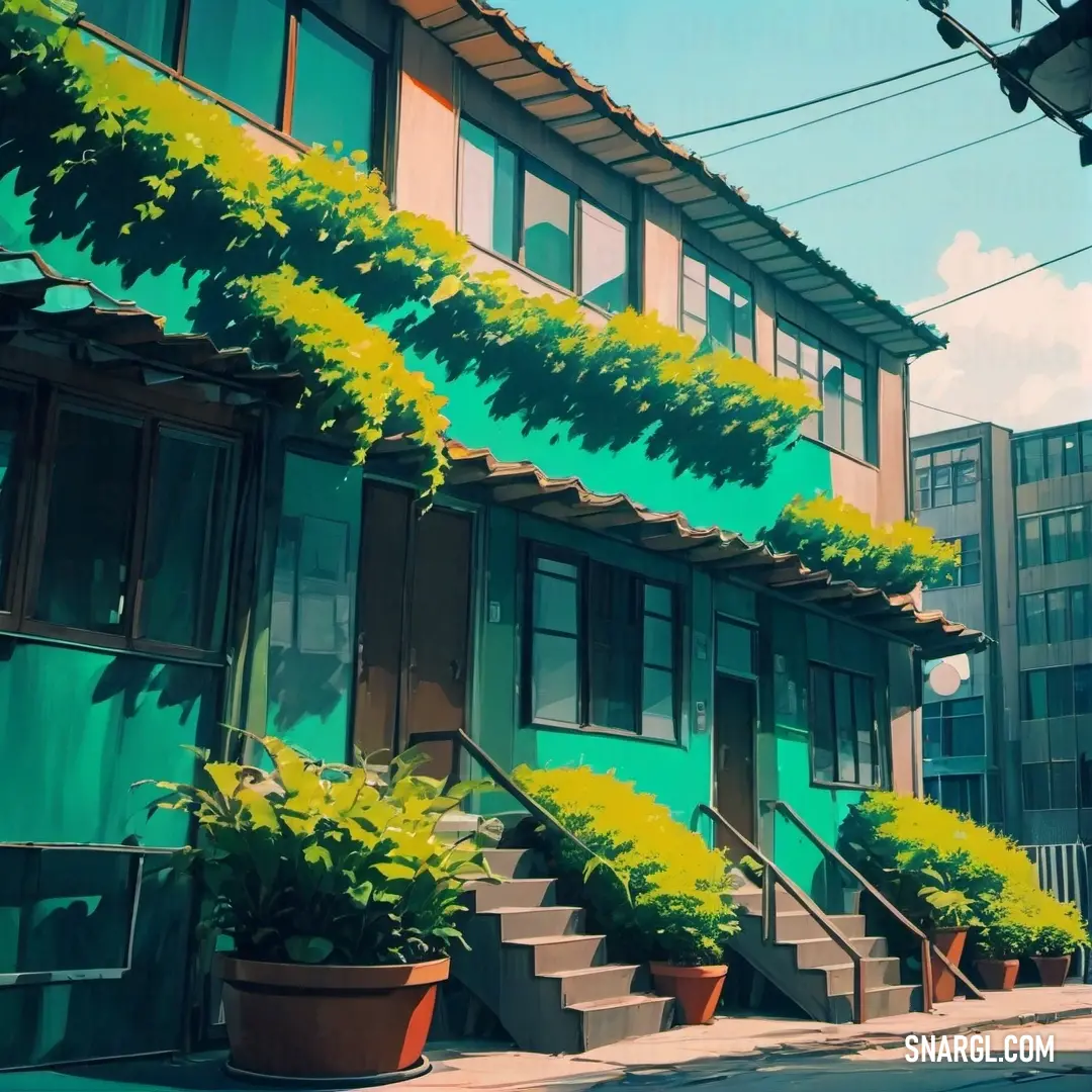 Painting of a building with a green facade and a staircase leading up to it and a green planter with yellow flowers