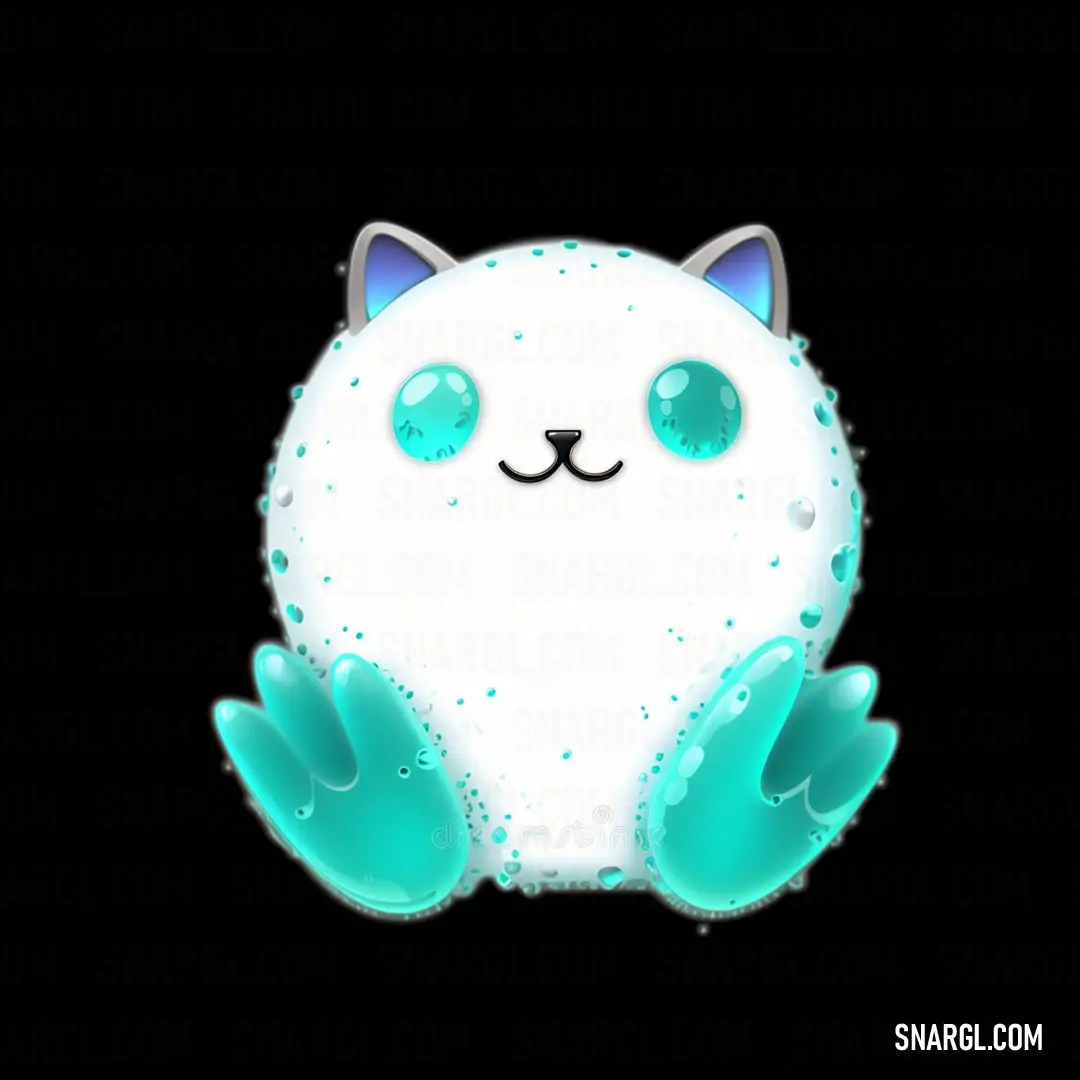 White cat with blue eyes and a green tail down with its hands up in the air. Example of #00BEA3 color.