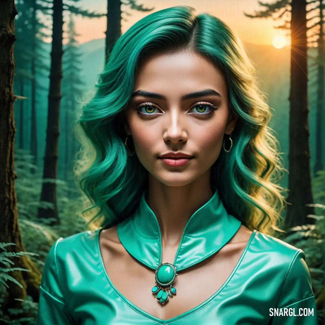 Woman with green hair and a green dress in a forest with trees and sun shining through the trees. Example of RGB 0,190,163 color.