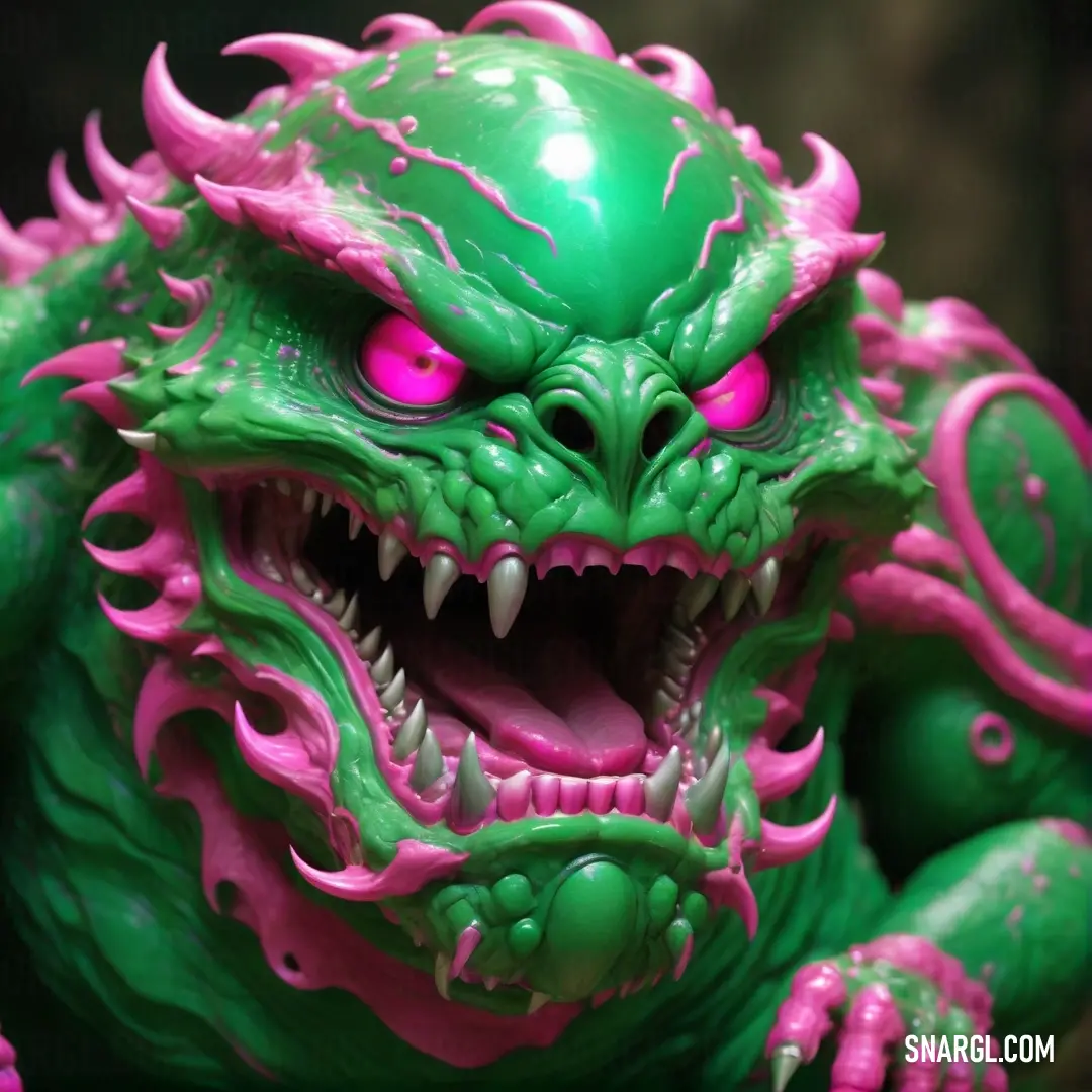 Green and pink dragon statue with its mouth open and teeth wide open. Color CMYK 72,0,72,0.