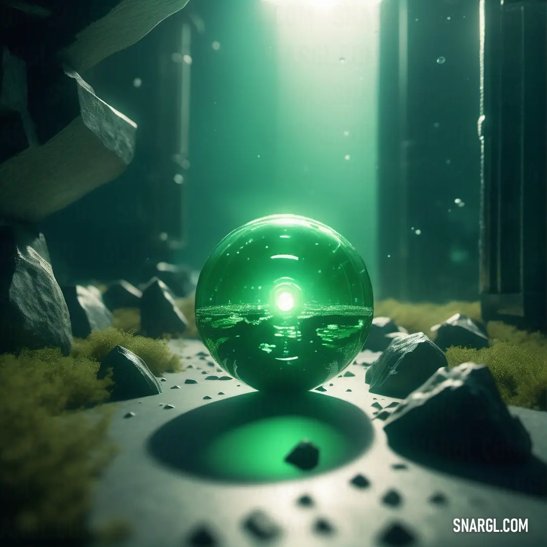 Green ball on top of a table next to a book and a light shining on it's surface. Color NCS S 2050-G10Y.