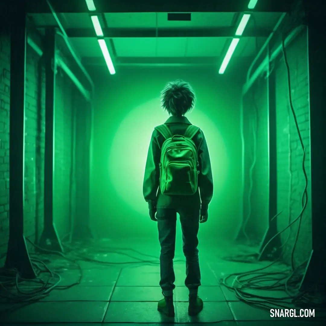 Person with a backpack standing in a dark tunnel with green light coming from the ceiling. Color #4DC471.