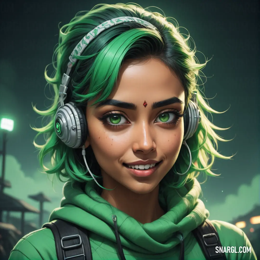 Woman with green hair wearing headphones and a green sweatshirt. Example of CMYK 72,0,72,0 color.