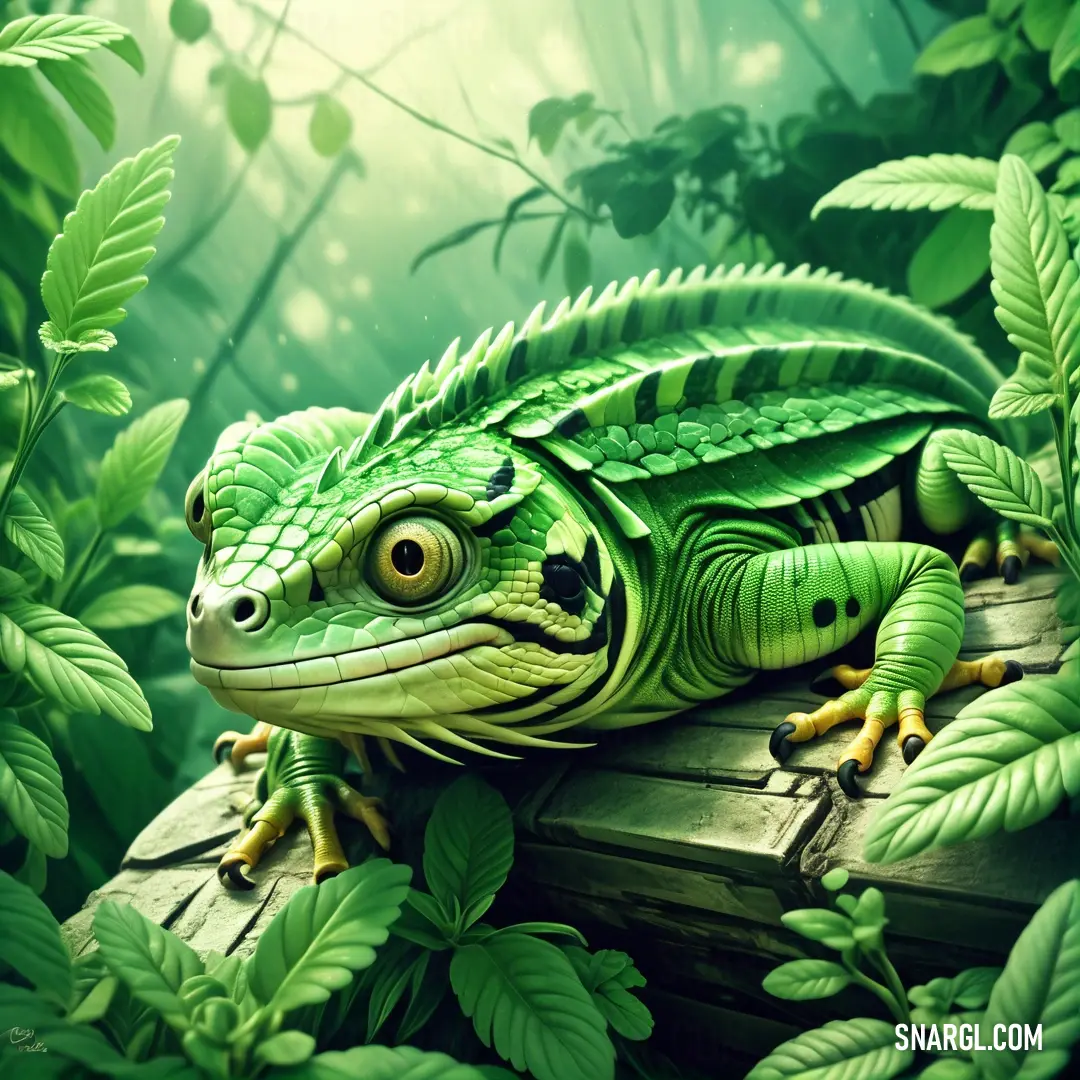 NCS S 2050-G20Y color. Green lizard on a wooden plank in the jungle with leaves around it and a green background