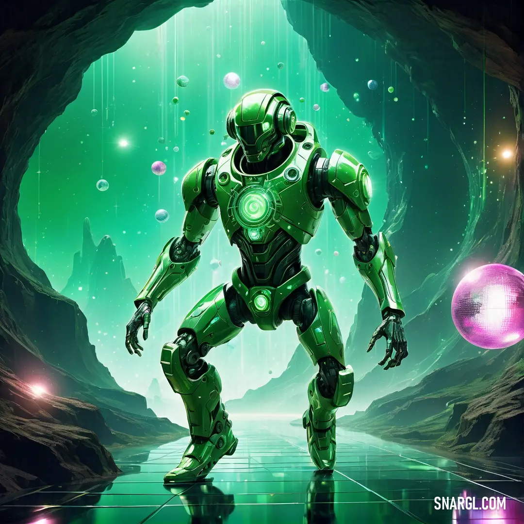 NCS S 2050-G20Y color example: Green robot standing in a tunnel with bubbles around it and a glowing orb in the background