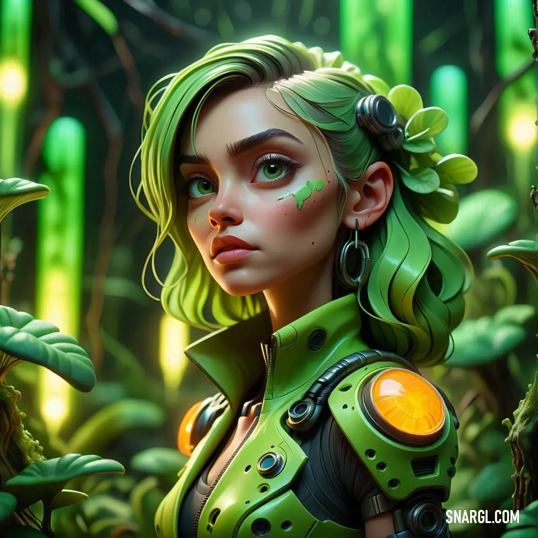 NCS S 2050-G20Y color example: Woman with green hair and a green outfit in a forest with green leaves and plants on her head