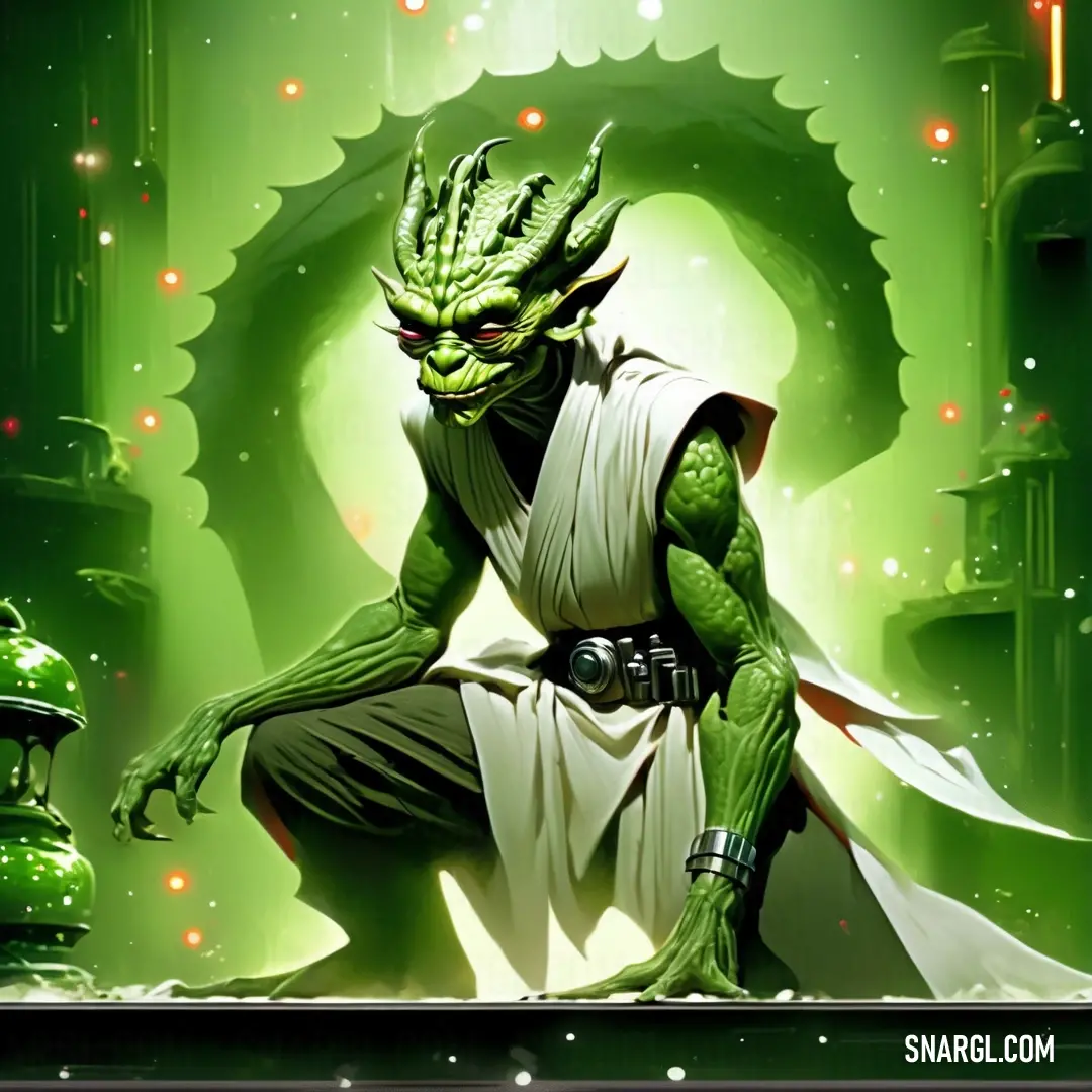 Green creature with a white robe and a green background. Example of #6DB32D color.