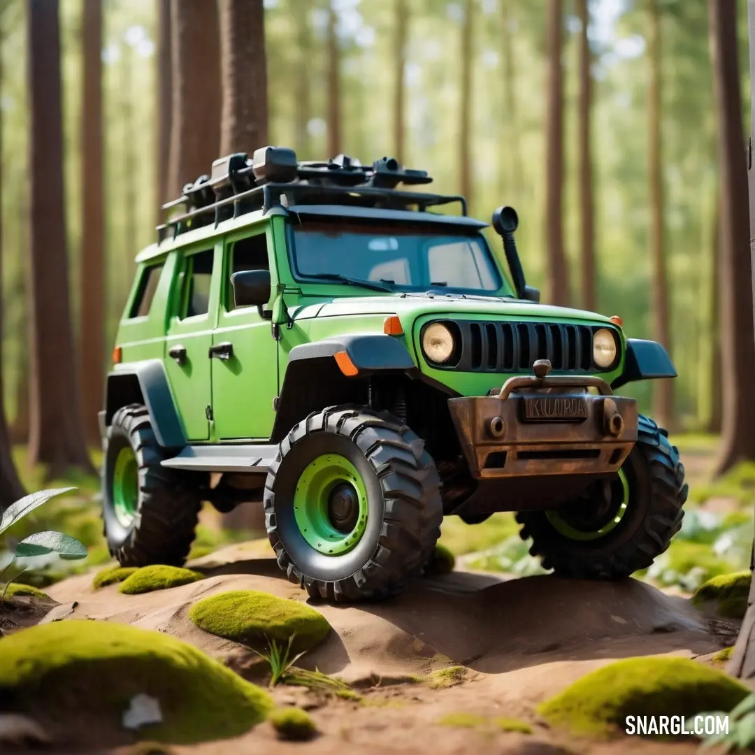 NCS S 2050-G30Y color example: Green jeep is parked in the woods on a rock and grass covered ground with trees in the background
