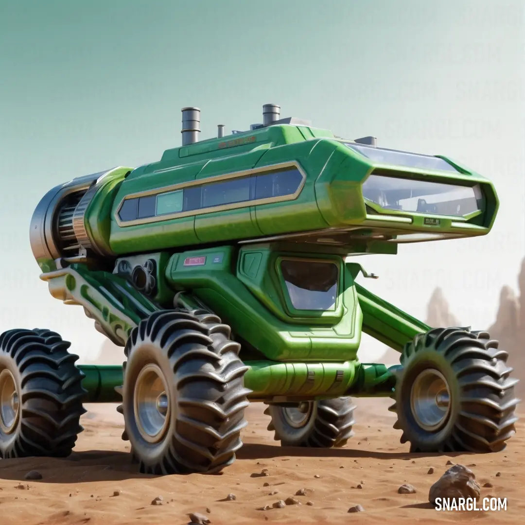 Green monster truck with huge tires on a desert surface with rocks and a sky background. Example of NCS S 2050-G30Y color.