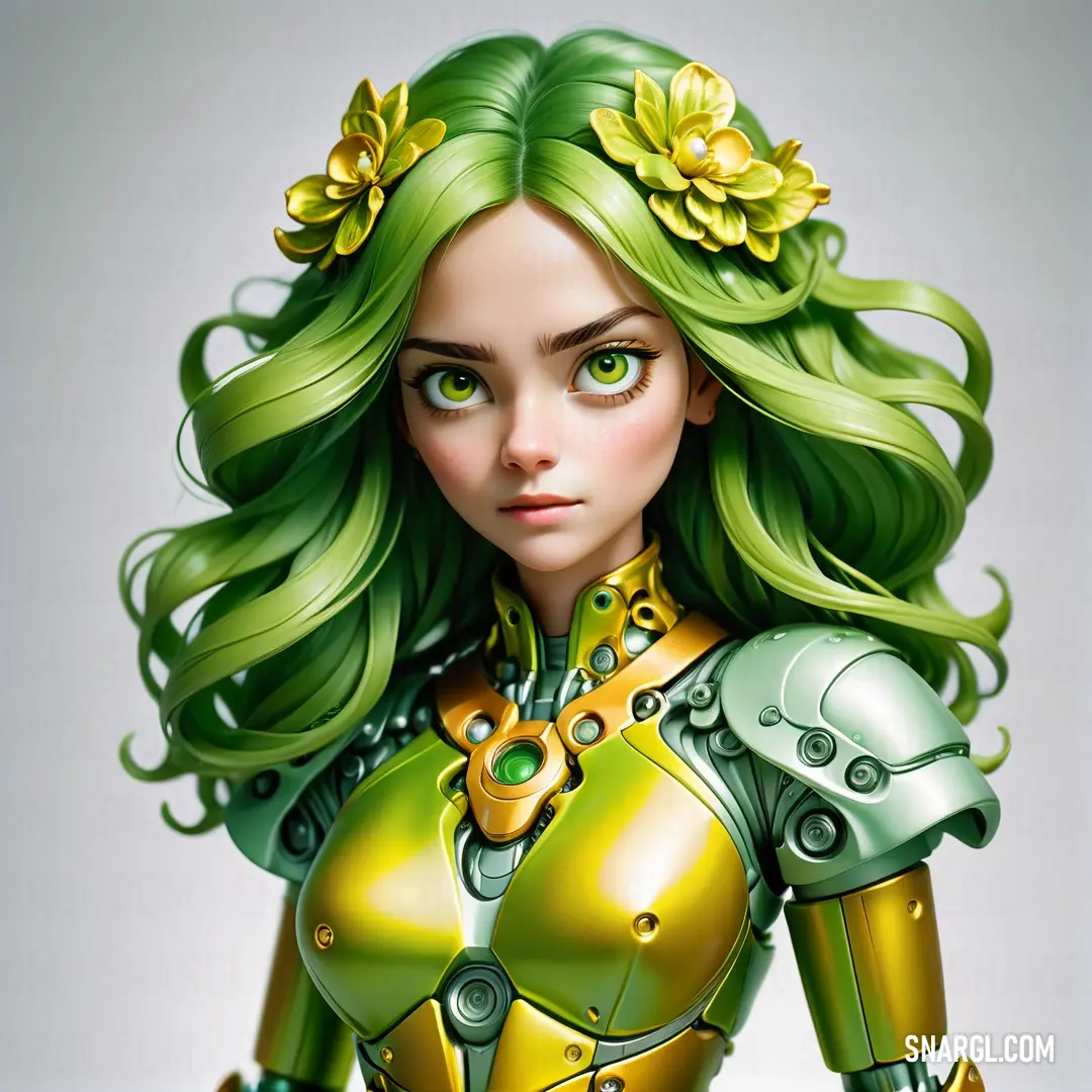 Woman with green hair and a green suit with flowers on her head and a yellow flower in her hair. Color NCS S 2050-G30Y.