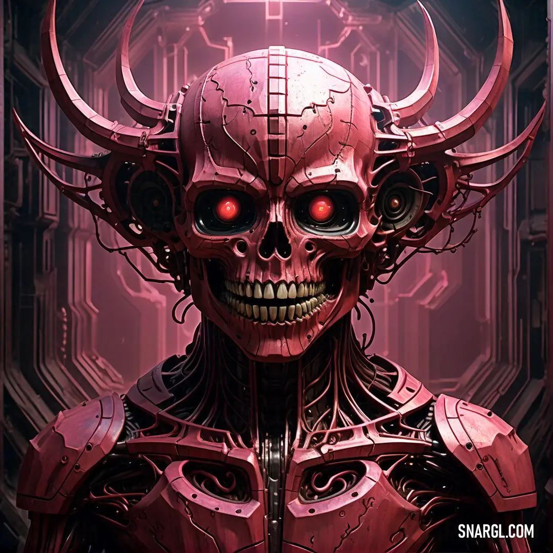NCS S 2050-R color example: Demonic looking man with horns and a helmet on his head, with a red light shining in the background