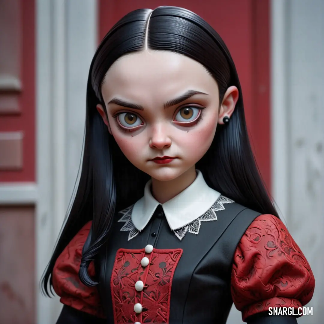 Doll with long black hair and a red dress with a collar and collared shirt on. Example of CMYK 0,78,45,15 color.