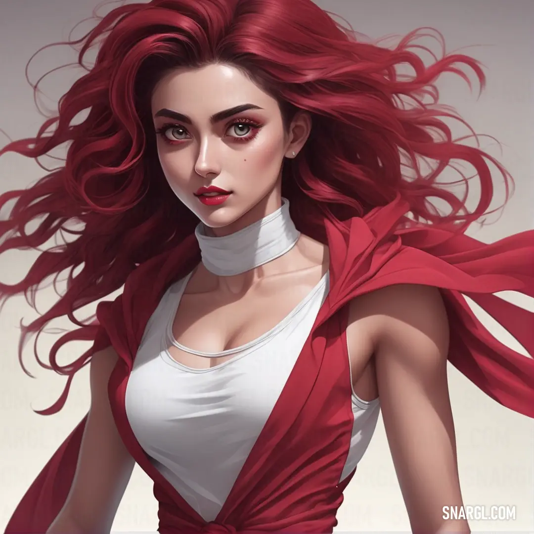 Woman with red hair and a white top is wearing a red cape and a white shirt with a red sash. Color #C94C59.