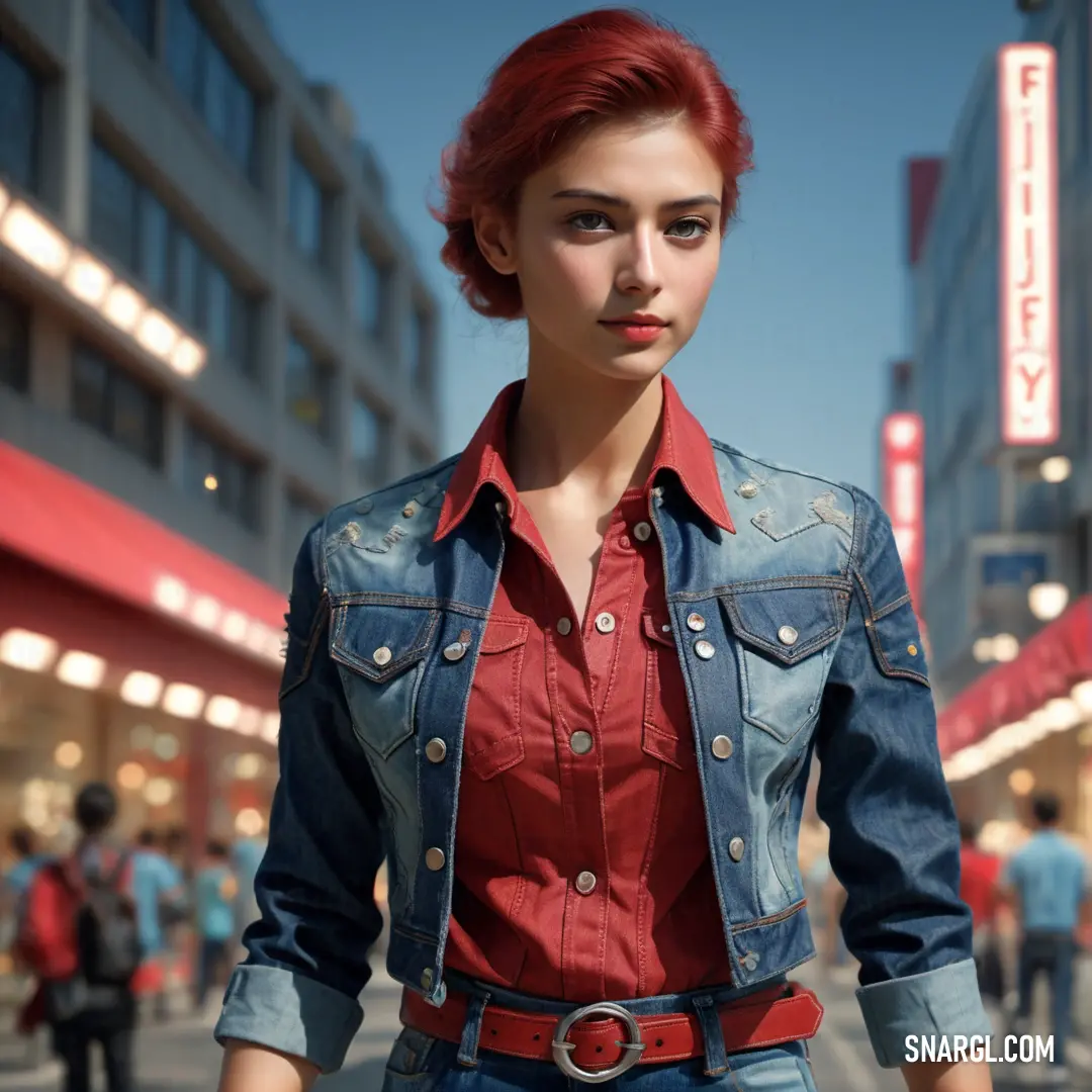 Woman with red hair and a denim jacket on a city street with people walking by and a red light. Example of #C94C59 color.