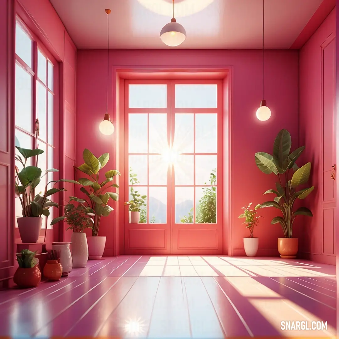 Room with a pink wall and a red door and a window with a view of the outside of the room. Example of RGB 204,88,106 color.