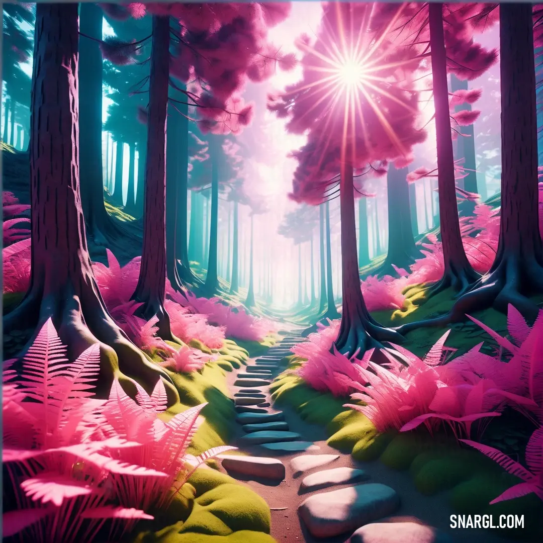 Painting of a path through a forest with pink flowers and trees on either side of it